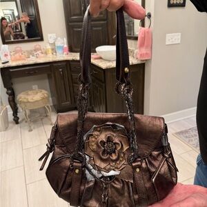 Francesco Biasia Metallic Brown Shoulder Bag with Floral Detail